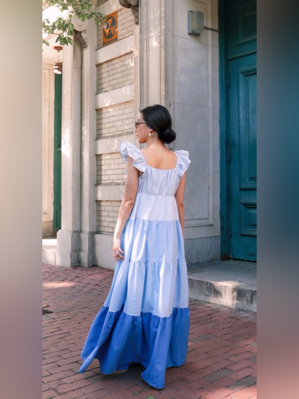 English Factory Two-Tone Blue Tiered Maxi Dress with Ruffle Sleeves
